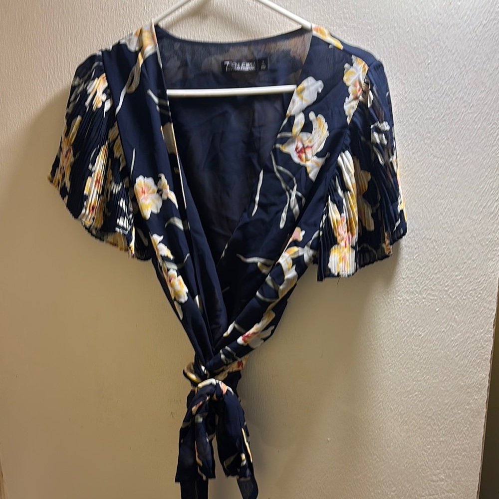 7th Avenue New York Blue and Gold Short Sleeve Wrap Blouse